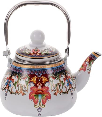 Bollitore da tè Vintage smaltato con Motivi Floreali, teiera in Acciaio smaltato con Manico in Porcellana Fredda al Tatto per fornelli, Senza fischio.