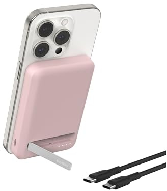 Belkin BoostCharge Pro kabellose Powerbank 5000mAh mit Qi2, MagSafe-kompatibles tragbares Ladegerät mit integriertem Ständer, magnetische powerbank für iPhone 16, iPhone 15, 14, 13, 12 usw. – Rosa
