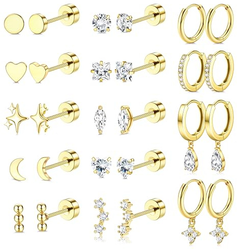 Roheafer allergivänliga örhängen med platt rygg för kvinnor 14K guld kirurgiskt stål örhängen för känsliga öron örhängen i rostfritt stål guld platt rygg knopp-broskörhänge set, Rostfritt stål, Kubisk