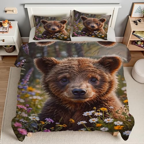 TMMDH Bettdecke 135x200 BraunbäR, 4 Jahreszeiten Bettdecken Tierwelt Ohne Bezug Nutzbar, Wende Steppdecke Microfaser Ganzjahresdecke, Waschbar Bettzeug mit 2 Kissenbezug für Sommer Winter