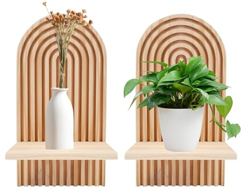 quiodok 2 Stück Boho Regenbogen Wandregal, Klein Pflanzregal Holzregal | Wandregal Kinderzimmer, Holz Wand Deko für Wohnzimmer, Schlafzimmer, Büro (Natür)