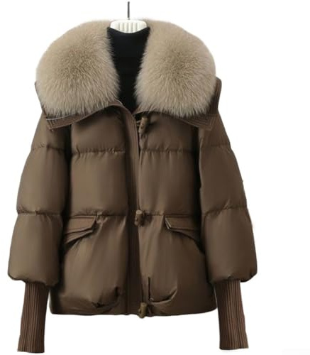 Parka de invierno para mujer con relleno de algodón de plumón, cuello de pelo grande y cuello de solapa, chaqueta gruesa y corta estilo traje de pan para uso diario (M marrón)