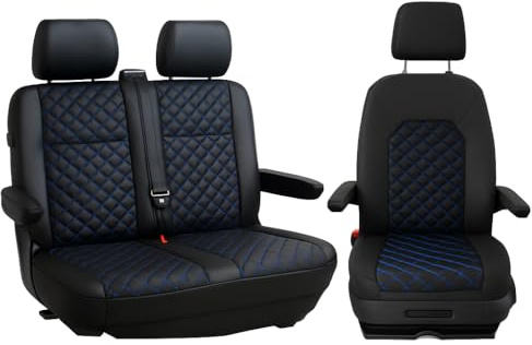 Generisch Sitzbezüge für VW T5 mit Sitzbank vorne Schwarz mit blauen Nähten - Schonbezüge für Fahrersitz und 2er Beifahrersitzbank - Kunstleder Sitzschoner Set 1+2 - fahrzeugspezifische Passform