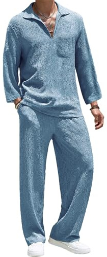 QUNERY Conjunto Verano Hombre 2 Piezas Casual Conjunto Hawaiano Hombre Chándal con Bolsillos Ligero para Uso Diario y Festivos Azul Lago 2XL