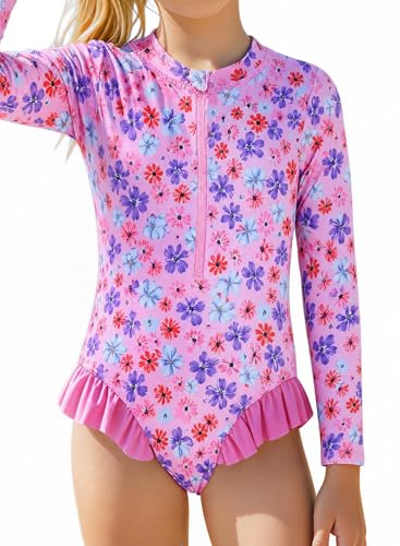 Ewbob Girls Swimming Costume Kid Long Sleeve Swimsuit with UPF 50+ for 5-14 | girls swimming costume with UPF50+ girls long sleeve swimming costume ruffle design kids swimsuit beach swimwear