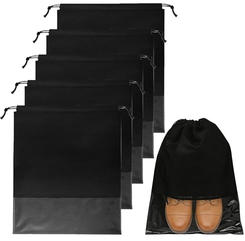 5Pcs Large Travel Shoe Storage Bags,Black Dustproof Drawstring Shoes Bags with Transparent Slot Non-Woven Pouch Space Saving Organizer Shoes Storage Bags for Men Women Daily and Travel Use