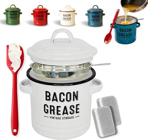 JORCEDI 2026 Upgraded Enamel Bacon Grease Container with Stainless Steel Strainer, Food-Grade Silicone Scraper & Leak-Proof Lid – Large-Capacity, Splatter-Free Fat Storage Jar for Cooking, Baking (A)