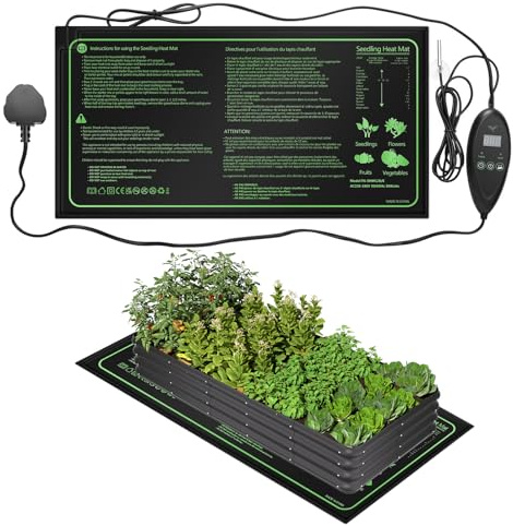 JOPWUE Sämling-Heizmatten mit digitalem Thermostatregler, 25,4 x 50,8 cm, wasserdichte Pflanzenheizmatten Combo, 6 Temperaturen, 6-Gang-Timer, für Winter-Innen-Setzling-Keimung und Gewächshaus