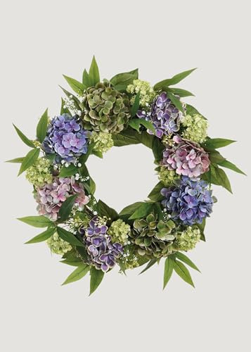 Purple Green Fake Hydrangea and Snowball Flower Wreath - 22