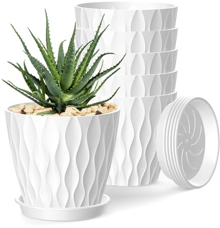 SQOKHT 15cm Plant Pots 6 Pack, Indoor Flower Pots with Drainage Holes and Saucers, Plastic Planters for Orchids, Violets, Succulents, Herbs & Small Plants (White)