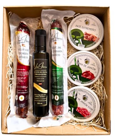 LUX IBÉRICO - Cesta Gourmet Zurbarán - Patés y Embutido Ibérico | Velitas de chorizo y salchichón ibérico, tres patés extremeños y aceite de oliva virgen extra. Lista para regalar.