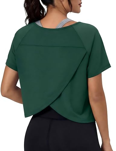 GRECERELLE Women's Gym Top Cotton Blend Short Sleeve Loose Fit T-Shirt with Crossover Back Yoga & Running Activewear for Ladies Sports Workout Tees for Women