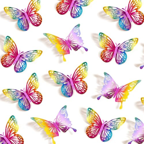 UCLEVER 3D Mariposas Metálicas Coloridas, 48 Piezas 4 Estilos, 3 Tamaños de Decoraciones de Mariposas para Cumpleaños y Fiestas, Adhesivos de Pared de Papel Metalizado