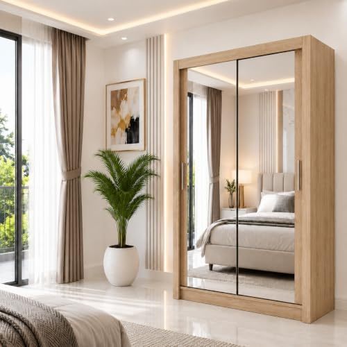REXwood Furniture Mirrored Sliding Door Wardrobe, Bedroom Storage with Full Mirror Doors, Shelves & Hanging Rails, Modern Flat Pack Design, Black White Grey Oak, 100-250 cm (Oak, 100cm)