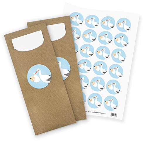 itenga Motiv Storch mit Baby Hellblau Pastell für Jungen Gast Geschenk Geburt Taufe 1. Geburtstag (24 Bestecktaschen inkl. Serviette + Motivsticker ohne Text)
