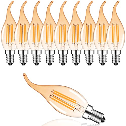 Suncan Pack of 10 C35 4 W Retro Dimmable Filament LED Candle Lamp, 2700K Warm White, 360 Lumen, Replacement for 30 W Incandescent Bulbs, E14 Socket, Flame Shape, Gold-Plated Glass, Energy Class F
