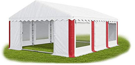 Das Company Partyzelt 4x6m Lagerzelt Universalzelt Pavillon mit Moskitonetz weiß-rot mit Bodenrahmen und Dachverstärkung Zelt 240g/m² PE Plane wasserdicht Gartenpavillon Summer Plus IPEM