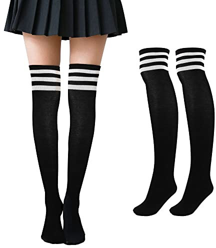 Faletony Overknee Strümpfe Kniestrümpfe gestreifte Sportsocken College Cheerleader Kostüm Baumwollstrümpfe Overknees (as3, numeric, numeric_39, numeric_43, regular, regular, Weißer Streifen schwarz)