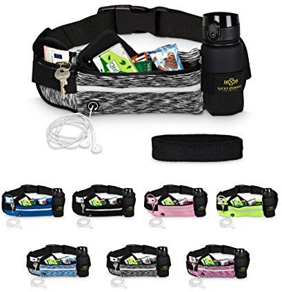 Lucky Humans Laufgürtel Sport mit Handy-Tasche Schwarz - Damen & Herren Bauch-Tasche für Joggen und Laufen - Trinkgürtel mit Flaschen- und Handy-Halterung