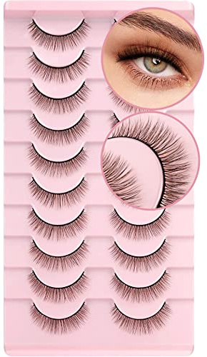 False Eyelashes Natural Look Eye Lashes Short Wispy False Eyelashes 10mm 3D Brown Fake Lashes Pack 10 Pairs Strip Volume by Geeneiya - Brown Mixed Black