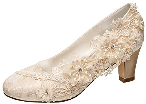 Emily Bridal Wedding Shoes Women's Silk Like Satin Chunky Heel Pumps with Stitching Lace Flower Crystal Pearl