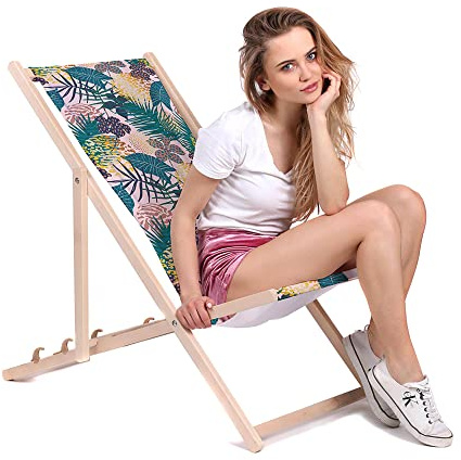 DreamRoots Bain de Soleil Pliable 130 kg en Bois de Hêtre - Chaise Longue Jardin Relax Extérieur - Chaise de Plage Pliable - Transat Jardin Exterieur - Tissu Lavable 100% Polyester 220 g/m2