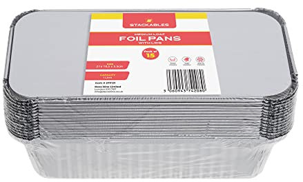 STACKABLES ~ Pack of 15 Medium Loaf Aluminium Foil Pans with Lids 21 x 10.5 x 5.5cm ~ Approx. 1 Litre Containers Foil Trays for Baking Roasting Cooking & Food Storage