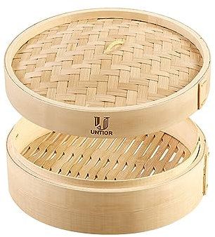 Handmade 6 inch Bamboo Steamer Basket with Lid Multi-use Traditional Dumpling Steamer Food Steamer for Cooking Vegetables, Dim sum, Bao Buns, Fish Meat (6inch -1 tier)