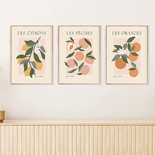 CPGG Leinwandbild 3er-Set Obstmarkt Poster modernes Leinwandbild skandinavischer Kunstdruck Orangen Pfirsiche Zitronen Wandbild für Wohnzimmer Heimdekoration-30x50cm Ungerahmt