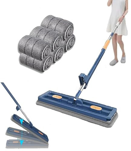 Nouveau Grand Balai Serpillère Plat,Floor Mop,Balai serpillere Microfibre pour Sol,360 Rotating Mop with Dewatering Scraper Balai Serpillère avec Compression Automatique de l'eau(Size:6 Pads,Color:Blu