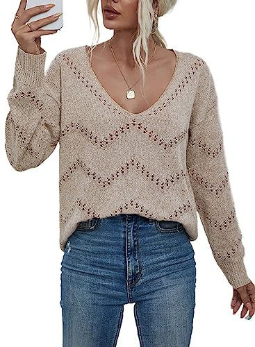 Dokotoo Strickpullover Damen Langarmshirt Pullover Elegant V-Ausschnitt Langarm Oberteile Shirt Pulli für Herbst Winter, Khaki, L