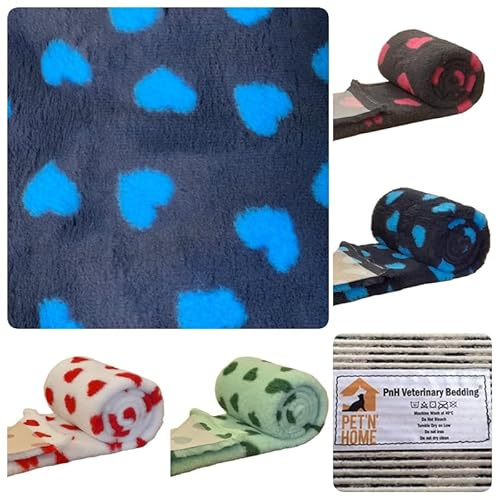 PnH Veterinary Bedding® Literie vétérinaire antidérapante en polaire pour chiot/chien/animal domestique Motif cœurs Bleu avec cœurs bleu sarcelle 100 x 75 cm