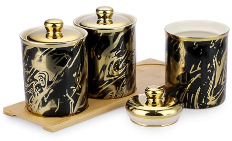 BTSKY Schwarz und Gold Keramikdosen Set mit Deckel und Holztablett - Luftdichtes Set mit 3 Vorratsdosen Frischhaltedosen Töpfe Gläser mit goldenem Keramikdeckel für Küchentheke, EM1100