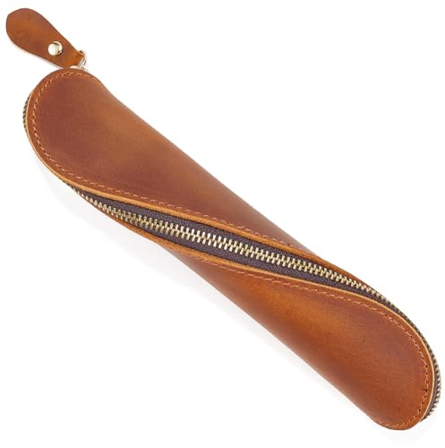 GORGECRAFT Stifteetui Aus Crazy Horse Leder Echtes Leder Handgefertigt Echte Ledertaschen Mit Reißverschluss Halter Für Männer Und Frauen Aufbewahrung von Schreibwaren Lesebrillenetui Sattelbraun