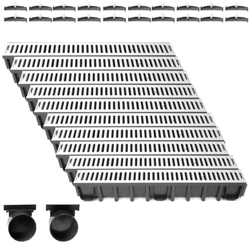 Entwässerungsrinne Set – befahrbar (A15) mit verzinktem Stahlrost | 10 m Länge, Bauhöhe 148 mm | Weitere Varianten: 1–10 m Länge, Bauhöhe 63 mm, 98 mm, 148 mm | Ablaufrinne für Garten, Hof & Einfahrt