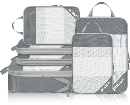 Prezon Versatile 6-Set Cubos de embalaje huecos con compresión, Diseño de malla transparente, Ahorran espacio y son ligeros, Arganizador de equipaje portátil y duradero, Gris