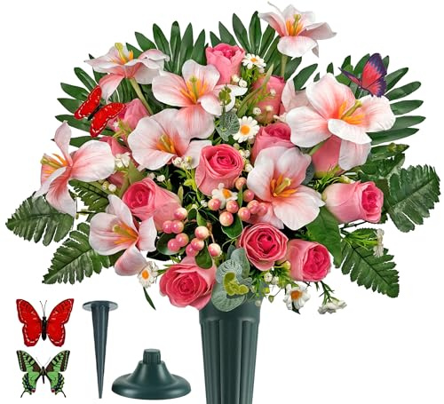 SUHOOKOO Grave Flowers for Memorial Day,Spring Pink Cemetery Flower Bouquet with Vase for Headstone/gravesite Decoration,Easy Fit and Colorfast