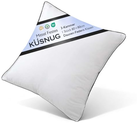 KUSNUG Cuscino in Piuma D'oca 80x80 set di 1, Imbottitura in Piume e Piumino di Alta Qualità, Tessuto 100% Cotone Biologico, Cuscini Ergonomici a 3 Camere per Hotel, Guanciale Letto Matrimoniale