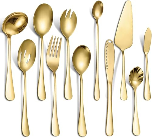 11-teiliges Servierbesteck aus Edelstahl, bestehend aus Tortenheber, Schaumlöffel, Servierlöffel, Wurstgabel, Zuckerlöffel, Buttermesser, Suppenkelle, Partysuppenkelle (Gold)