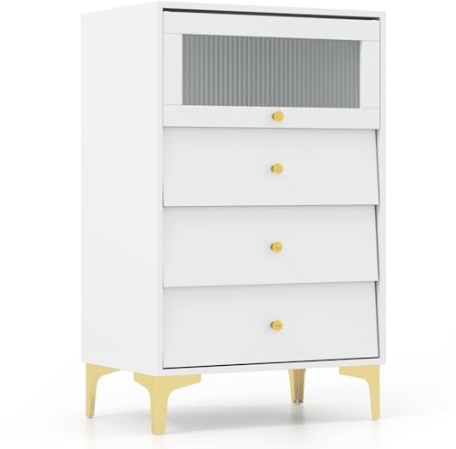 GOPLUS Commode Chambre avec 3/4 Tiroirs, Armoire de Rangement avec Placard à Porte en Verre et Tiroirs Coulissants, Commode Moderne avec Pieds Métalliques Dorés, Blanc (3 Tiroirs)