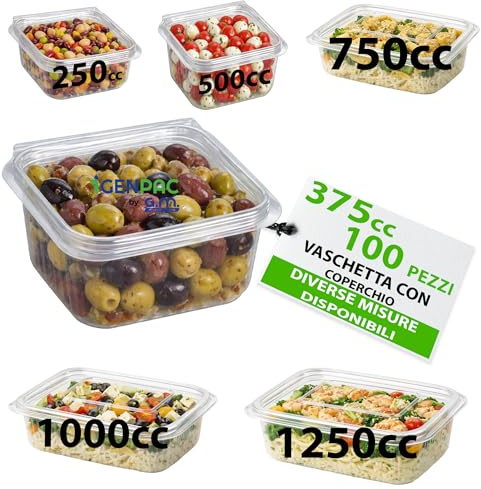 GM 100 Vaschette Quadrate Trasparenti con Coperchio Misura 375cc, Contenitori Ermetici Per Alimenti in PET, Contenitore Ermetico Per Alimenti MONOUSO, Contenitore Pranzo - Made In Italy