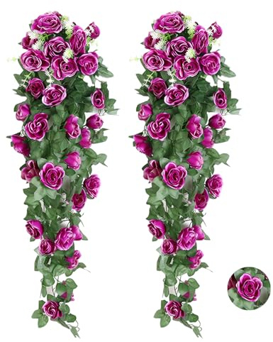 AIMUMEIF 2 Stück Künstliche Hängepflanzen Kunstblumen Hängend Rosen 90cm Kunstpflanze Hängend Plastikblumen Hängeblumen Künstlich Hängepflanzen für Außen Innen Hochzeit Terrasse (Lila)