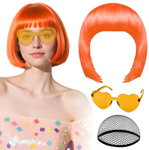 Orange Perücke mit Herz-Sonnenbrille und Haarkappe für Damen, PLULON Kurze Bob-Perücken, synthetisch gefärbt, lustige Cosplay-Haarteile für Damen und Herren, tägliche Halloween-Kostümparty