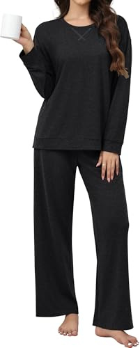 Ekouaer Damen Schlafanzug Lang Zweiteiler Pyjama Set Weit Bein Loungewear Seite Schlitz Hausanzug Schwarz M