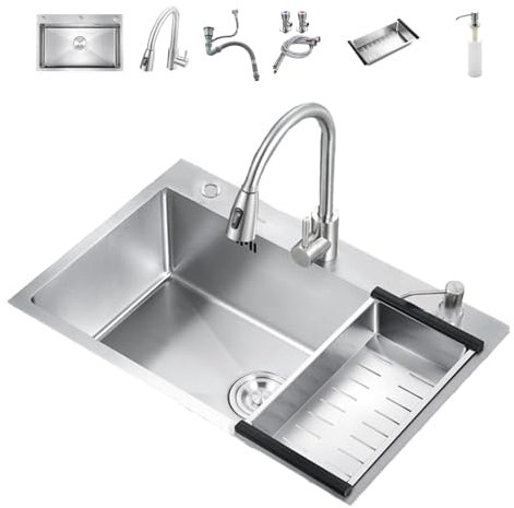 Lavello in acciaio inox, lavello da cucina a tre fori con rubinetto estraibile, dispenser di sapone e cestello di scarico, moderna stazione lavamani multifunzionale(65 * 44cm/25.5 * 17.7in)