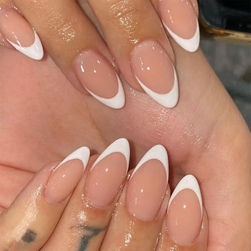 24 Stück Mandel künstliche Nägel – Weiß French Kunstnägel, Full Cover Künstliche Nagel mit Kleber - Almond Acryl Press on Nails – langlebige Klebenägel für Frauen (White French)