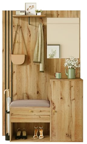 muenfly Ensemble de garde-robe de couloir élégant avec miroir et banc rembourré 115 x 185 x 37 cm | Garde-robe compacte moderne, moulure noire, étagères et porte-parapluie, pour entrée