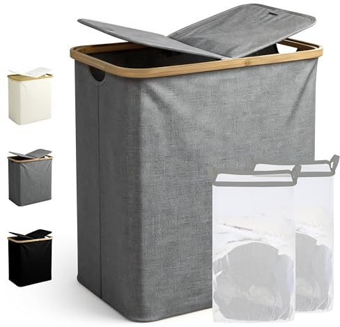 Ribelli Wäschekorb 104 Liter, Faltbarer Wäschesammler 2 Fächer mit Deckel und Herausnehmbar Wäschesack, Groß Wäschetonne für Waschküche, Bad, Schlafzimmer, Grau