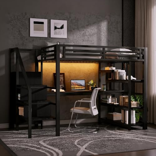 Merax Etagenbett 140x200 cm, Metall-Hochbett mit Treppe, offenem Kleiderschrank, integriertem Schreibtisch, USB-Ladestation und LED-Beleuchtung für Jugendzimmer und Kinderzimmer, Schwarz