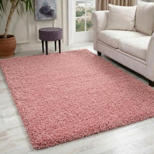 Oxford Plain Soft Thick Shaggy Living Room Area Rug, Baby Pink, 120x170cm